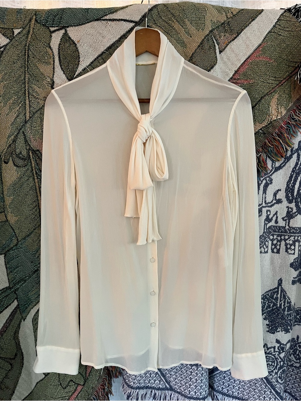 Saint Laurent Ivory Tie-Neck Sheer Blouse - Picture 2 of 14